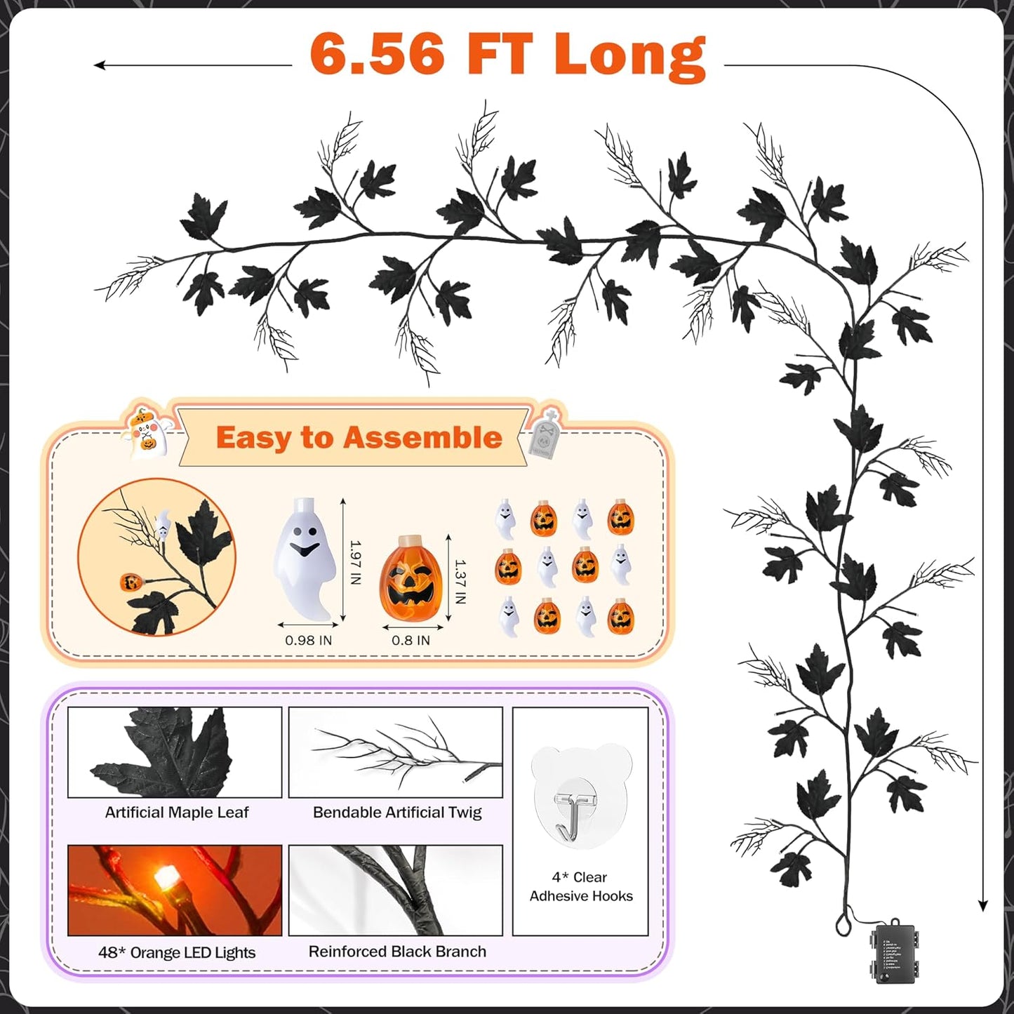 Halloween Lighted Willow Vine Twig Decoration, 6.56 FT Light up Garland Battery Operated with Orange LED Lights, 8 Modes and Timer, 12 Pumpkin and Ghost Ornaments, 4 Adhesive Hooks