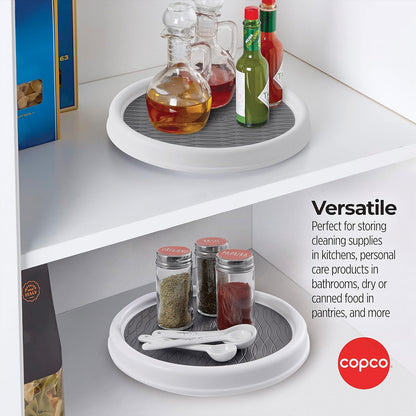 Copco 9 Inch Non Skid Pantry Cabinet Lazy Susan Turntable, Set of 2, Spinning Organizer for Kitchen, Countertop, or Bathroom, White and Gray