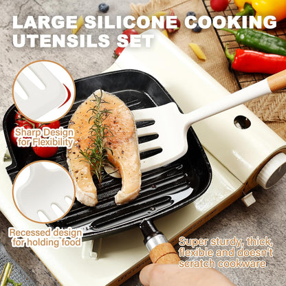 QMVESS Silicone Cooking Utensils Set, Kitchen Utensils Set 7 Pcs with Long Wooden Handle, Food Grade and Heat Resistant Large Silicone Spatula Set for Nonstick Cookware, BPA Free（White）