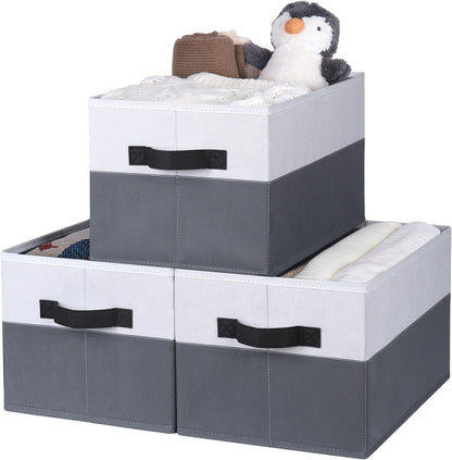 WUIKE Storage Baskets for Shelves, Fabric Closet Storage Bins with Handles, Foldable Clothes Organizer Bins for Bedroom, Nusery, Gray & White, Large, 3-Pack