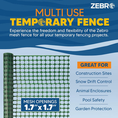 ZEBRO 4' x 100' Green Plastic Garden Fence Roll – Light Duty Mesh Fencing for Temporary Fence, Snow, Garden Netting, Animal Barrier, Agricultural Fencing & Lawn Protection