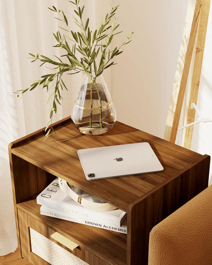 Rattan Nightstand,Modern Bedside Table with Storage Drawer and Open Wood Shelf, for Living Room, Bedroom and Small Spaces, Accent Night Stand with Solid Wood Legs, Easy Assembly,Walnut Brown