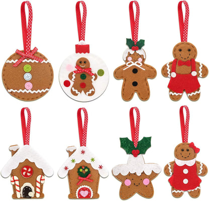 Skylety 8 Pieces 3D Christmas Tree Ornaments Set Felt Santa Snowman Candy Cane Ornament, Stocking, Gnome Decoration(Gingerbread)