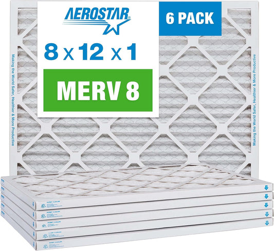 Aerostar 8x12x1 MERV 8 Pleated Air Filter, AC Furnace Air Filter, 6 Pack (Actual Size: 8" x 12" x 1")
