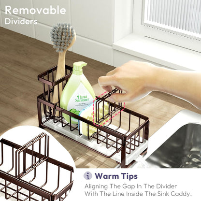 SWTYMIKI Sponge Holder for Kitchen Sink - Sink Caddy with Brush Holder Self-draining Sponge Caddy Organizer with Divider Stainless Steel Kitchen Accessories Storage for Countertop, Bronze