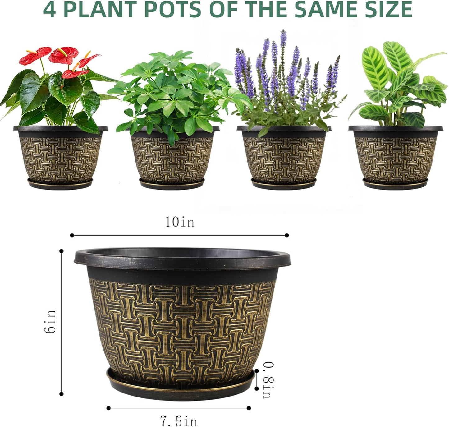 10 Inch Plant Pots, 4 Pack Flower Pots Outdoor with Drainage Holes & Trays, Retro Antique Imitation Decorative Garden Plastic Pots for Plants Indoor Sets for Houseplants