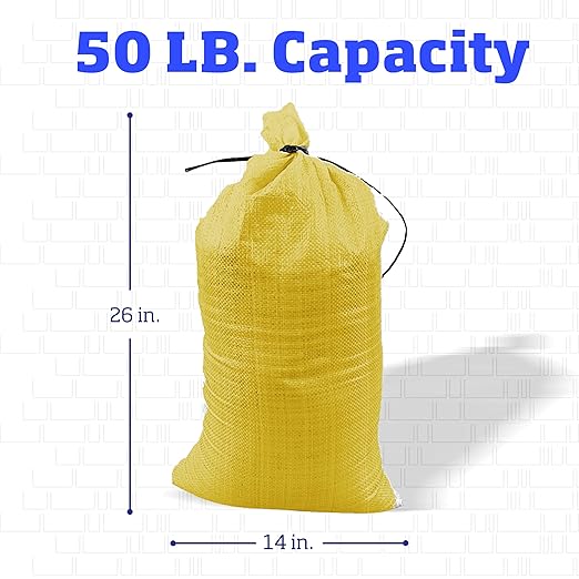 DURASACK Heavy Duty Sand Bags with Tie Strings Empty Woven Polypropylene Sand-Bags for Flood Control with 1600 Hours of UV Protection, 50 lbs Capacity, 14x26 inches, Yellow, Pack of 50