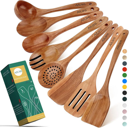 AIUHI Wood Spoons for Cooking, Nonstick Kitchen Utensil Set, Wooden Spoons Cooking Utensil Set Non Scratch Natural Teak Wooden Utensils for Cooking (Teak 8 Pack)