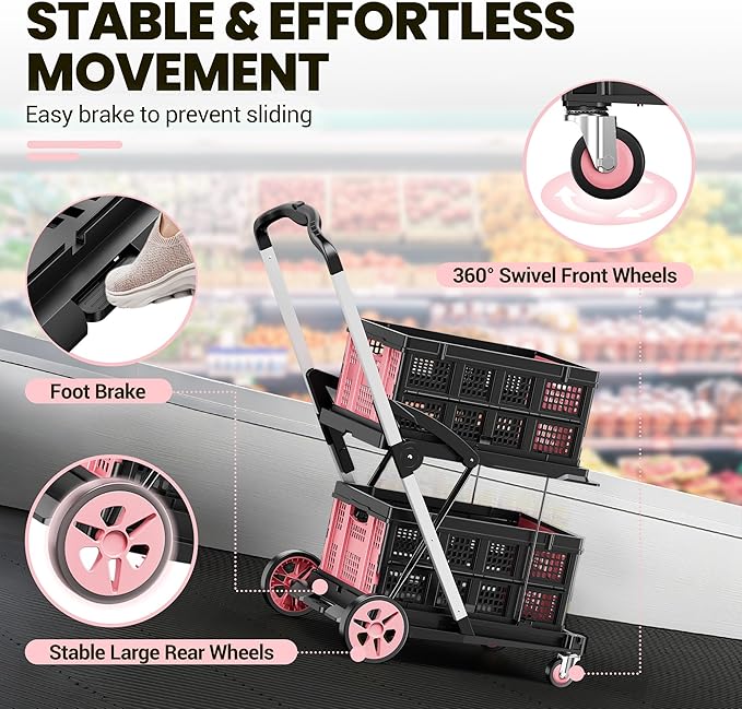 Collapsible Shopping Cart, 8-in-1 200LBS Multi Functional Utility Cart with 2 Storage Crate,Adjustable Handle Grocery Cart on Wheels for Shopping/Warehouse/Office/Supermarket