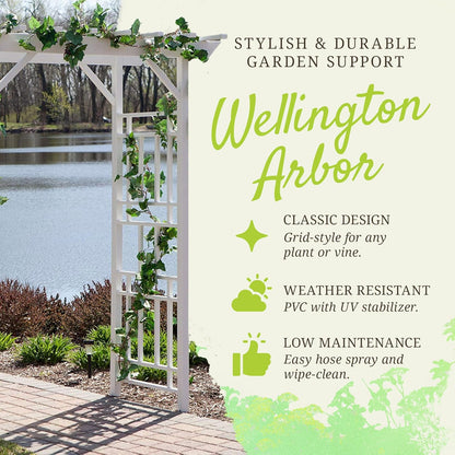 Dura-Trel Wellington Arbor, Vinyl Garden Archway for Outdoors, White, 72" x 85" - Backyard Decorative Arch for Pathways & Entrances w/ Trellis Sides for Climbing Plants, Vines & Flowers