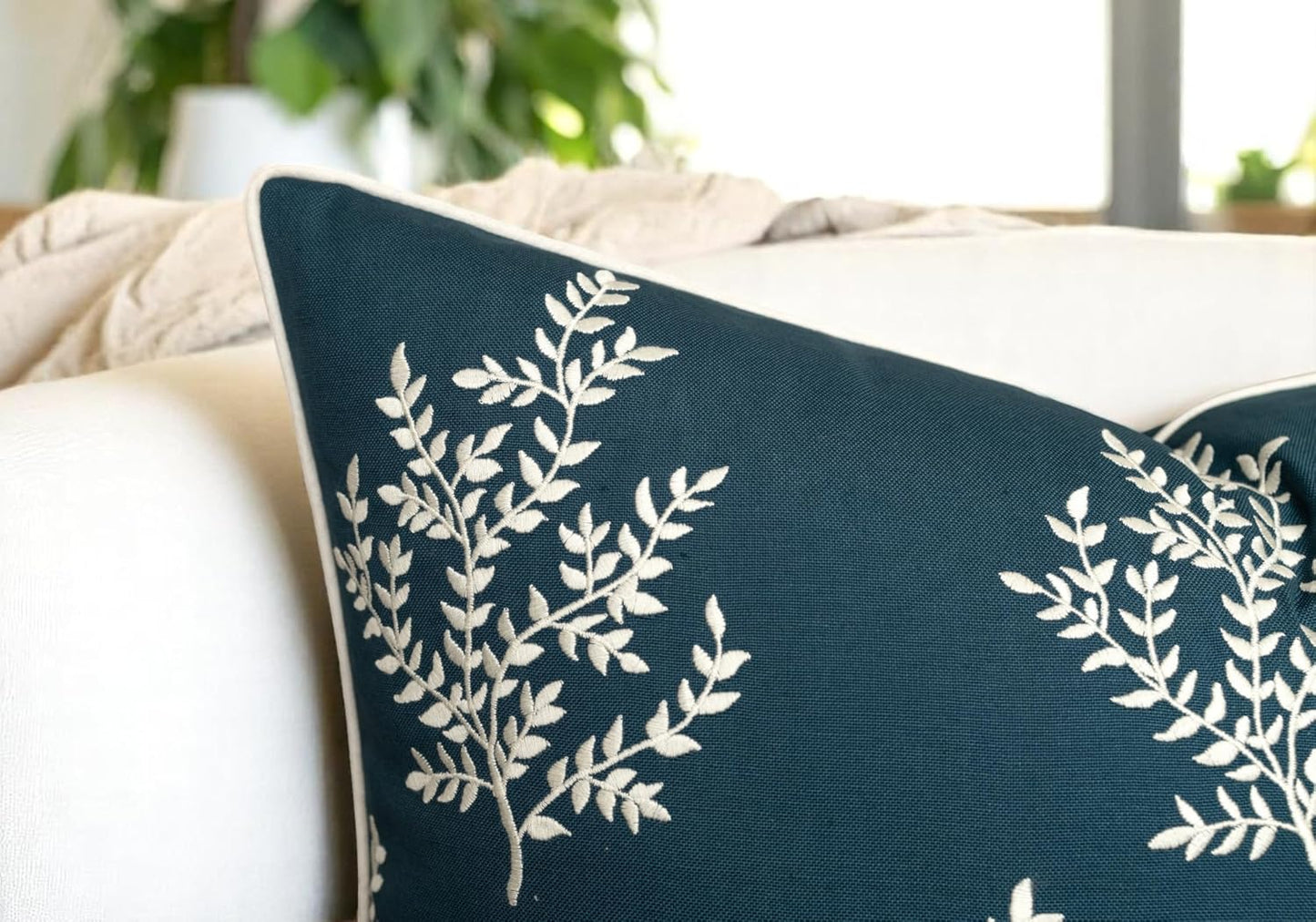 VAGMINE Embroidered Leaves Throw Pillow Cover - 20x20 Inches Square - 100% Cotton Teal Decorative Cushion Cover - Luxurious Embroidery Pattern - Vibrant Boho Accent for Sofa, Bed, Chair, Living Room