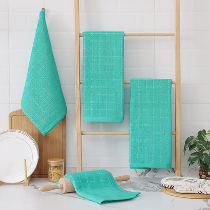 Homaxy 100% Cotton Terry Kitchen Towels(Turquoise, 13 x 28 inches), Checkered Designed, Soft and Super Absorbent Dish Towels, 6 Pack