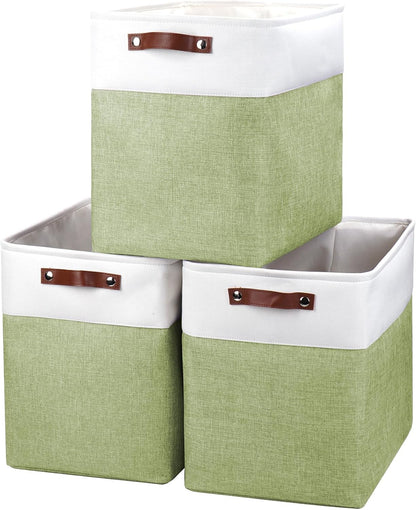 Large Fabric Storage Baskets | 50L Storage Bins, Decorative Linen Closet Baskets with Handles for Organizing, Shelf, Toys, Clothes, Home, Office, Nursery, 17x12x15Inches (Green&White)