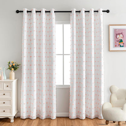 MYSKY HOME 100% Blackout Curtains for Nursery Thermal Insulated Pink Pom Pom Curtains 72 Inch Length for Girls Bedroom 2 Panels Grommet White Sheer Curtains for Kitchen Dining Room Door, 52W x 72L