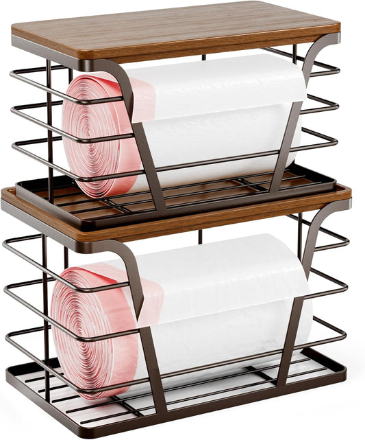 2 Pack Stackable Kitchen Organization,Counter Organizers and Pantry Organization for Home and Kitchen,Trash Bag Organizer Under Sink,Brown