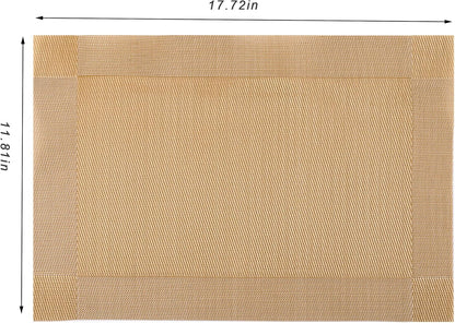 CADONO Placemats Set of 6 Washable Indoor/Outdoor Vinyl Place Mats for Dining Table Durable Non-Slip Heat Resistant PVC Weave Table Mats（Gold Cube）