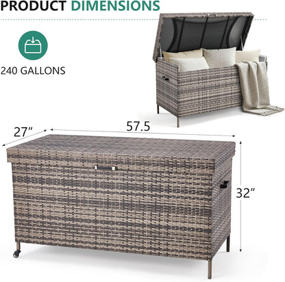 HOMREST Large Deck Box, Outdoor Wicker Storage Container with 240 Gallon, Patio Rattan Furniture for Garden Tools, Pillows, Pool, Brown