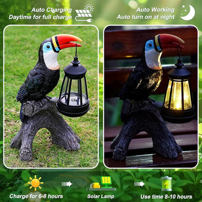Toucan Garden Statues Decor, Solar Waterproof 9.5" Colorful Tropical Bird Sculpture with LED Lights Funny Garden Outdoor Exotic Bird Sculpture Decoration for Lawn Porch Yard Patio Tiki Bar