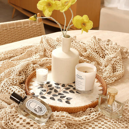Round Rattan Tray with Mother of Pearl Inlay & Wooden Base - Decorative Wicker Serving Tray for Coffee/Bread/Fruits, Food Storage & Display - Multipurpose Home Decor