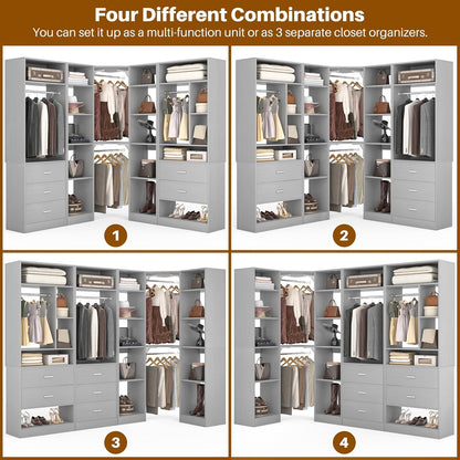 Corner Closet System with 5 Drawers, Closet Organizer System with 15+Shelvess & 4 Hanging Rods, 63.2"L * 63.2"W / 87.2"L * 39.2"W Reversible L Shaped Walk-in Closets, Load 2500+LBS, Grey