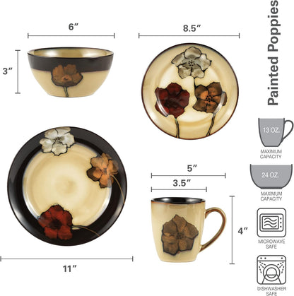 Pfaltzgraff Painted Poppies 16-Piece Dinnerware Set, Service for 4, Colorful Floral Stoneware Plates, Bowls, and Mugs, Microwave and Dishwasher Safe