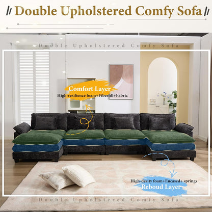 URRED Modular Sectional Sofa Comfy Cloud Couch, Modern Chenille Sofa Sleeper Deep Seat Couches with Ottoman/Pillows for Living Room (Black, 154'' - U Shape)