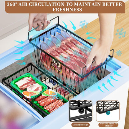 5 Pack Stackable Deep Freezer Organizer Bins ，Upgraded Bottom Leak-Proof net，Encryption and Hardening ， Freezer Organizer Bins for 5 to 7 Cu.FT Small Chest Freezer， Easy Get Bottom Foods