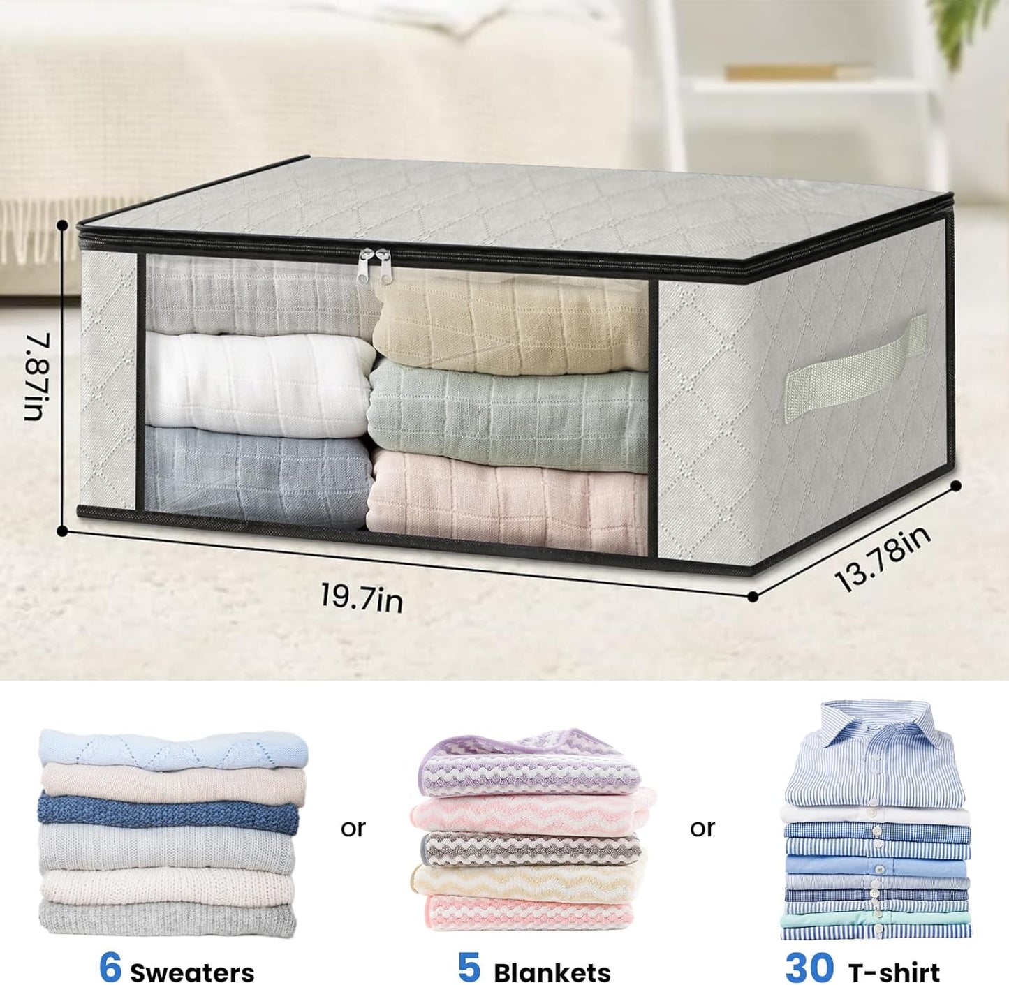 HomeHacks Storage 8-Pack Clothes Organizer Storage Bags Foldable Storage Box with Large Clear Window Sturdy Handles for Closet, Dorm, Pillows, Bedding, Clothes, Blankets, 35L, Ivory