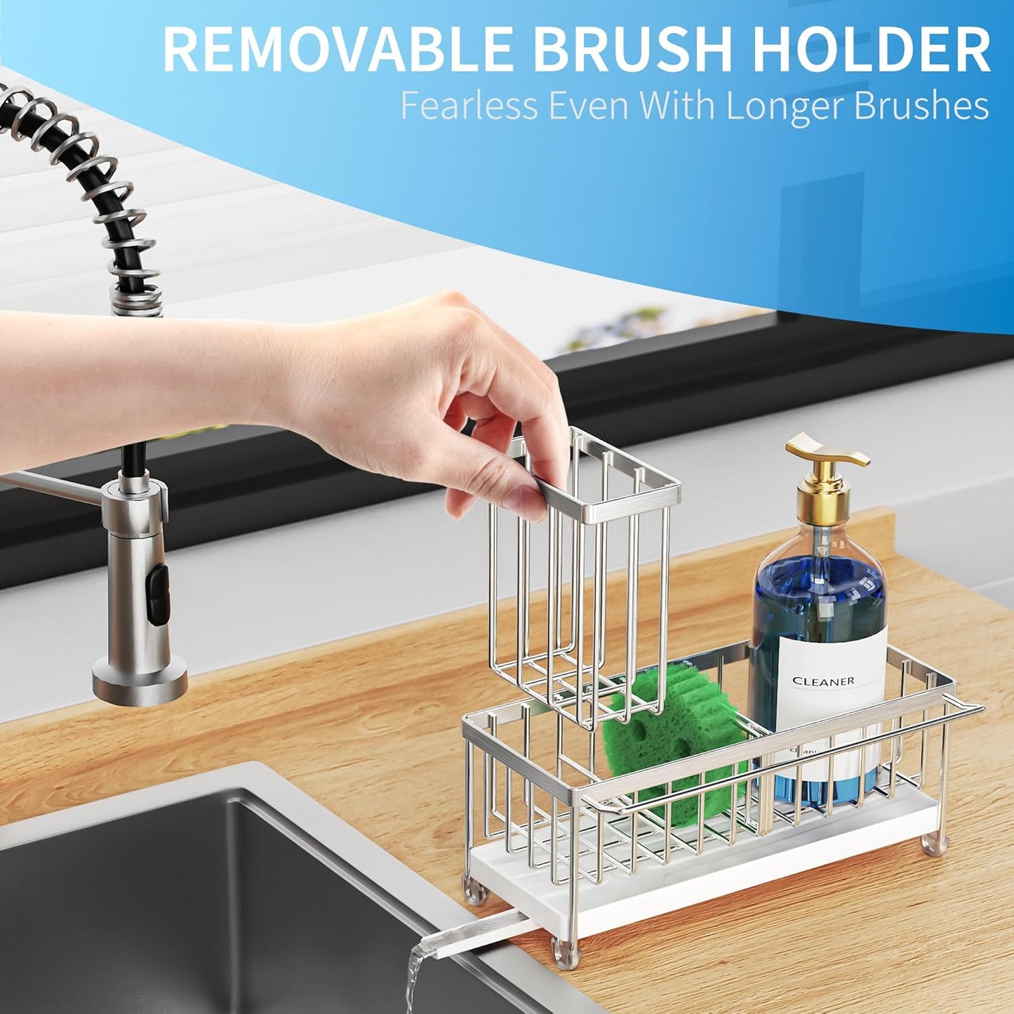 Cisily Stainless Steel Sponge Holder for Kitchen Sink with Towel Rack, Sink Caddy with Kitchen High Brush Holder, Organzier Rustproof 304 Stainless Steel Dish Organizer Divider, Soap Dispenser Storage
