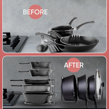 Heavy-Duty Pots and Pans Organizer | 5-Tier Cookware & Lid Storage Rack | Free-Standing or Wall-Mount | Kitchen Organizer for Cast Iron Skillets, Pots, Frying Pans, Lids | Chrome