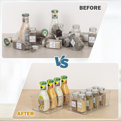 Vtopmart 6 Pack Food Storage Organizer Bins, Clear Plastic Bins for Pantry, Kitchen, Fridge, Cabinet Organization and Storage, 4 Compartment Holder Packets, Snacks, Pouches, Spice Packets