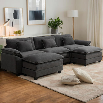 URRED Modular Sectional Sofa Comfy Cloud Couch, Modern Velvet Sofa Sleeper Deep Seat Couches with Ottoman/Pillows for Living Room (Dark Gray, 117'' - U Shape)