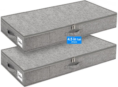 punemi Under Bed Storage Containers, 2 Pack 4.5 Inch Tall Low Profile Underbed Clothes Storage Organizer Bin with Sturdy Side & Bottom Support, Use as Clothes Organizer, Pillow and Blanket Organizer