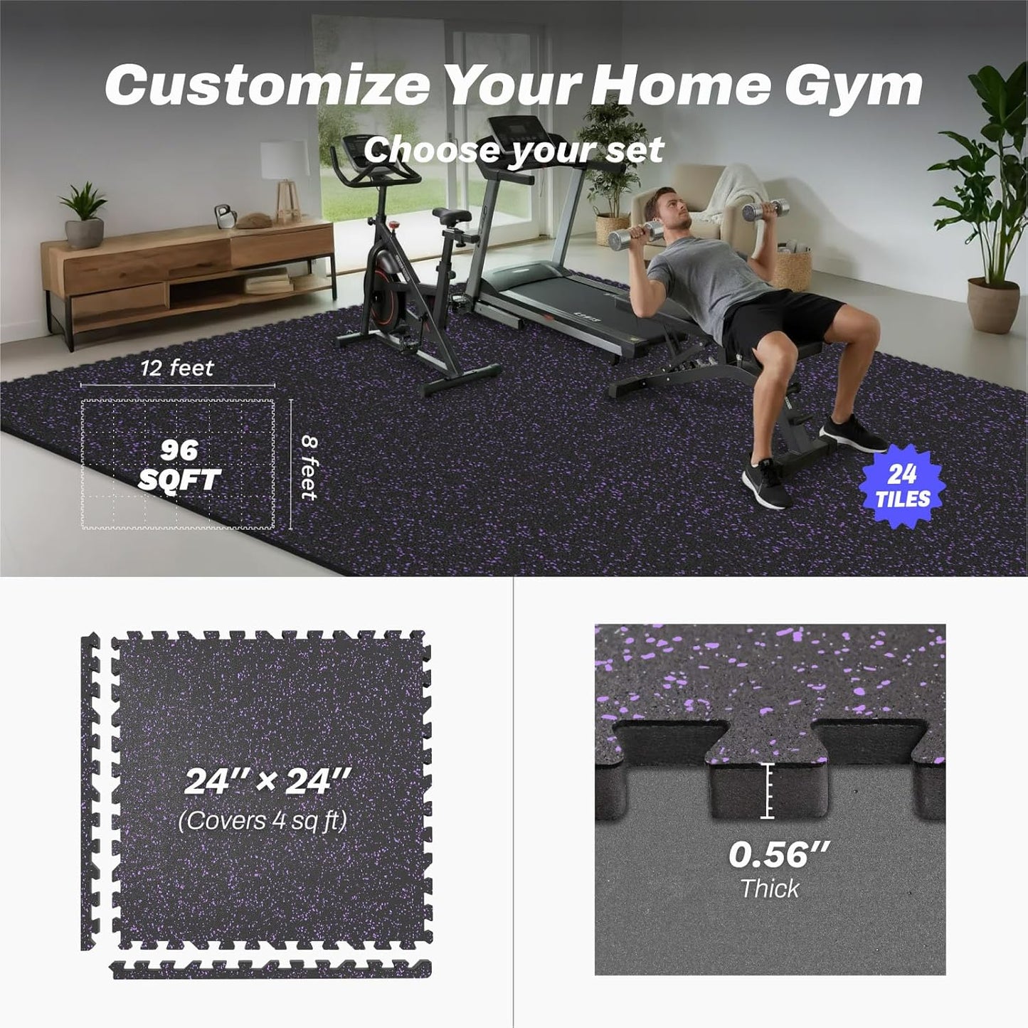 AIRHOP 0.56in Thick 96 Sq Ft Exercise Equipment Mats, 24 Tiles Upgraded Rubber Top with High Density EVA Foam, Large Interlocking Puzzle Gym Flooring for Home Gym, Heavy Weight Workout, 24 x 24in