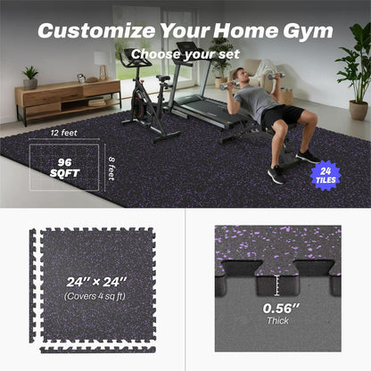 AIRHOP 0.56in Thick 96 Sq Ft Exercise Equipment Mats, 24 Tiles Upgraded Rubber Top with High Density EVA Foam, Large Interlocking Puzzle Gym Flooring for Home Gym, Heavy Weight Workout, 24 x 24in