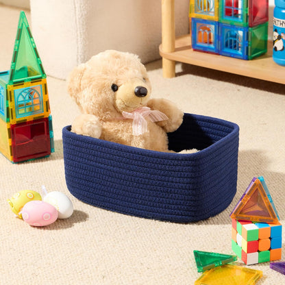 Small Storage Baskets for Organizing | Closet Organizer Bins | Shelf Toy Basket | Woven Rope Baskets | Cube Decorative Box | Shallow Basket | 11.5x7.5x4.7” | 4 Packs Navy Blue