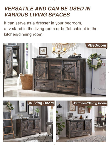 T4TREAM 48'' Farmhouse Dresser w/4 Drawers & 2 Sliding Barn Doors, Tall Chest of Drawers Organizer, Rustic Dresser TV Stand w/Adjustable Shelf for Bedroom, Living Room, Nursery Room, Dark Rustic Oak