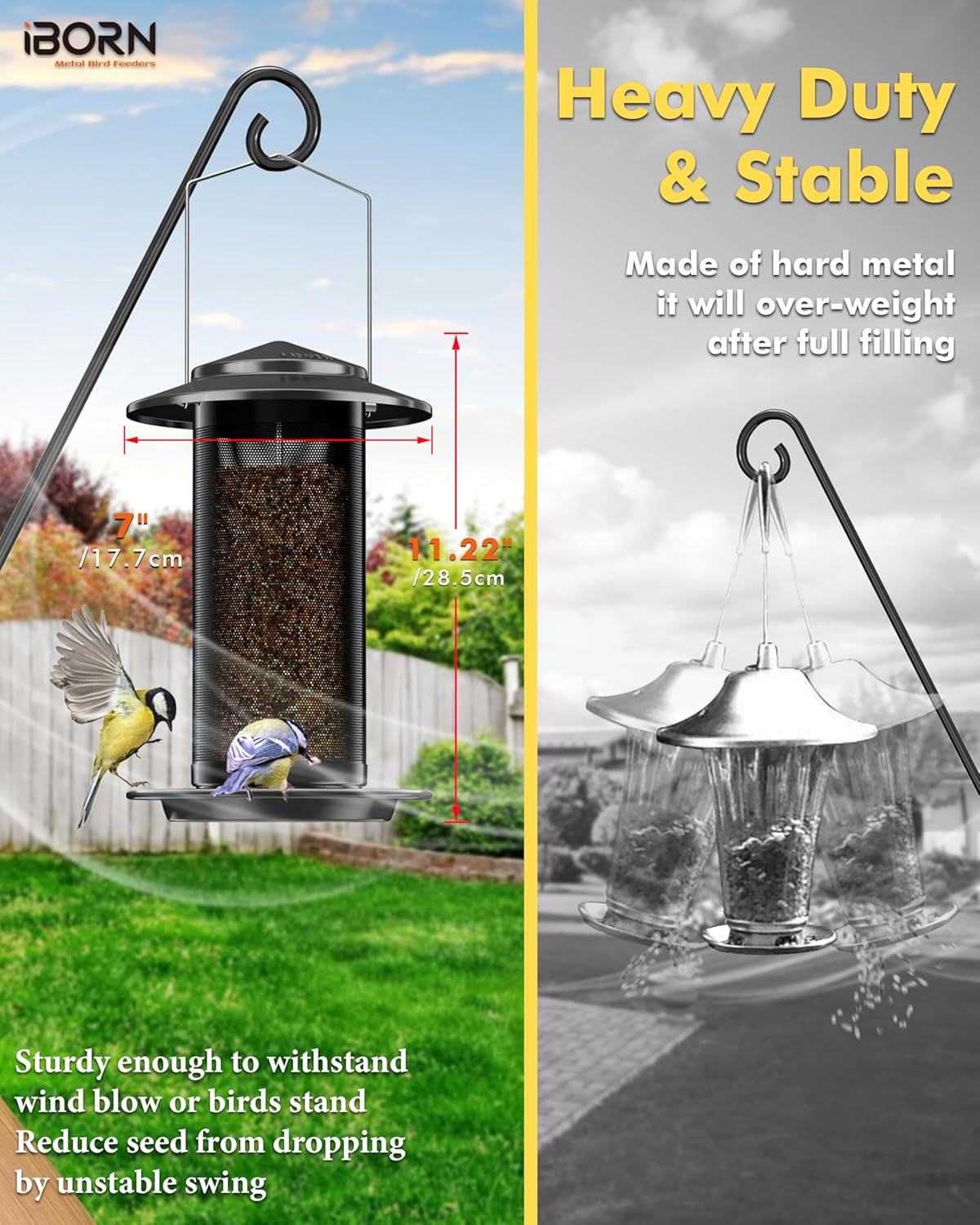 iBorn Bird Feeders for Outdoors, All Metal Mesh Tube, Holding Bird Seed for Outside Feeders,18cm Large Roof, Black, 2.8lb(Seed is not Included)