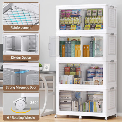 BROVIEW 800 Qt Plastic Storage Bins with Lid, Doors & Wheels, 4Pack Extra Large Stackable Collapsible Storage Bins, Closet Organizers and Storage Drawer, Foldable Cabinets for Home Office, White