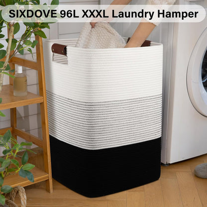 Laundry Hamper 96L Extra Large Laundry Basket, Woven Blanket Basket, Cotton Woven Storage Hamper with Handles for Living Room, Large Baskets for Pillows, Blankets, Clothes-Gradient Black