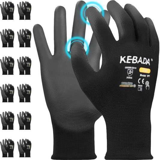 Kebada W1 Work Gloves for Men and Women, PU Coated Safety Gloves with Grip, Touchscreen, Ideal for Warehouse Package Handling, Construction, Gardening, Black X-Large