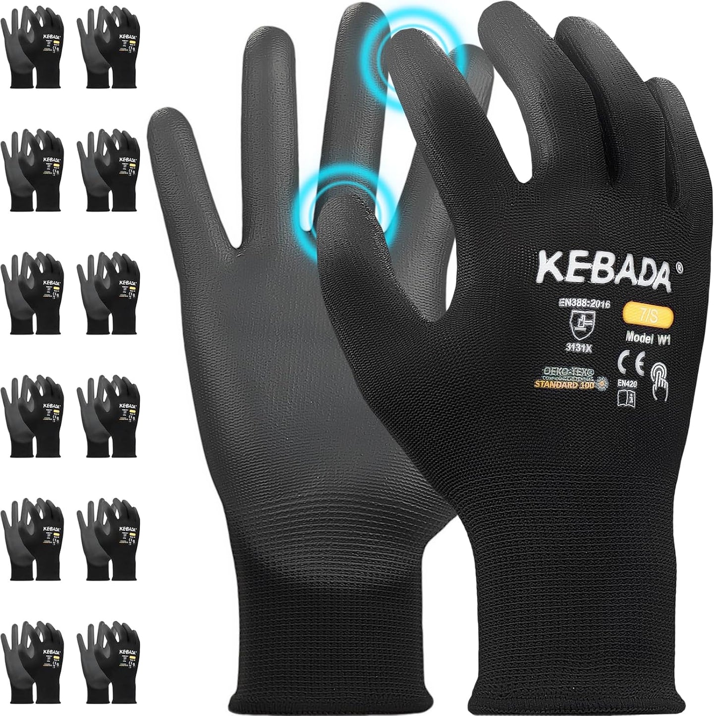 Kebada W1 Work Gloves for Men and Women, PU Coated Safety Gloves with Grip, Touchscreen, Ideal for Warehouse Package Handling, Construction, Gardening, Black Medium