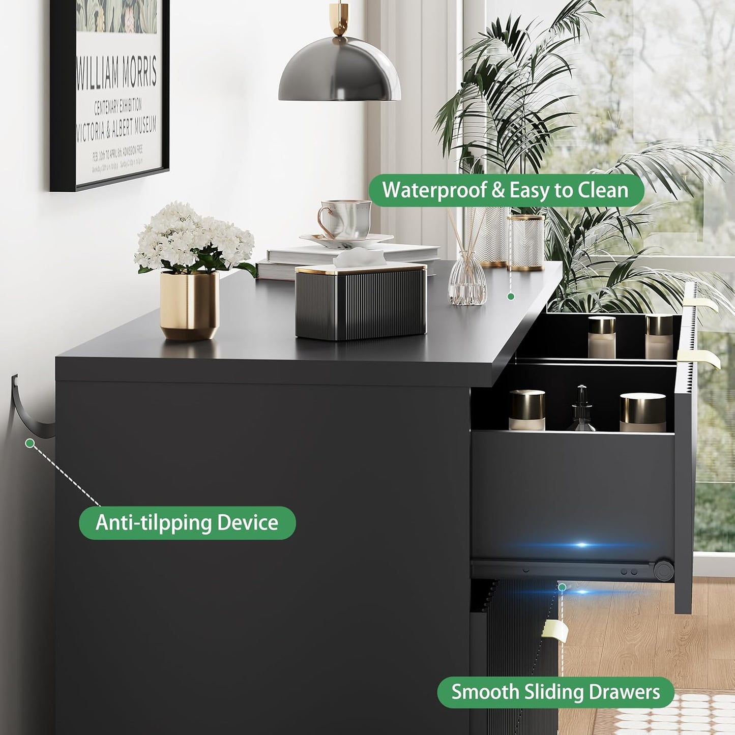 Fluted Dresser for Bedroom with 6 Drawers, 48" Wide Wooden Chest of Drawers with Metal Handle, Modern Dresser TV Stand, Wood Closet Clothes Storage Organizer for Living Room, Hallway, Black