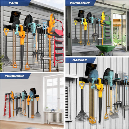 Garage Tool Storage Rack, Heavy Duty Garage Storage Organizer Rack System Wall Mounted Tool with 12 double hooks, 4 rails Garden Tool Rack