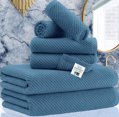 VOOVA & MOVAS Blue Towels Bathroom Sets, 100% Cotton | Lightweight | Soft | Quick Dry | Thick, Towel Set of 6, 2 Large Bath 30"x56", 2 Hand 18"x28", 2 Wash Cloths 13"x13", Denim Blue Towel Gift
