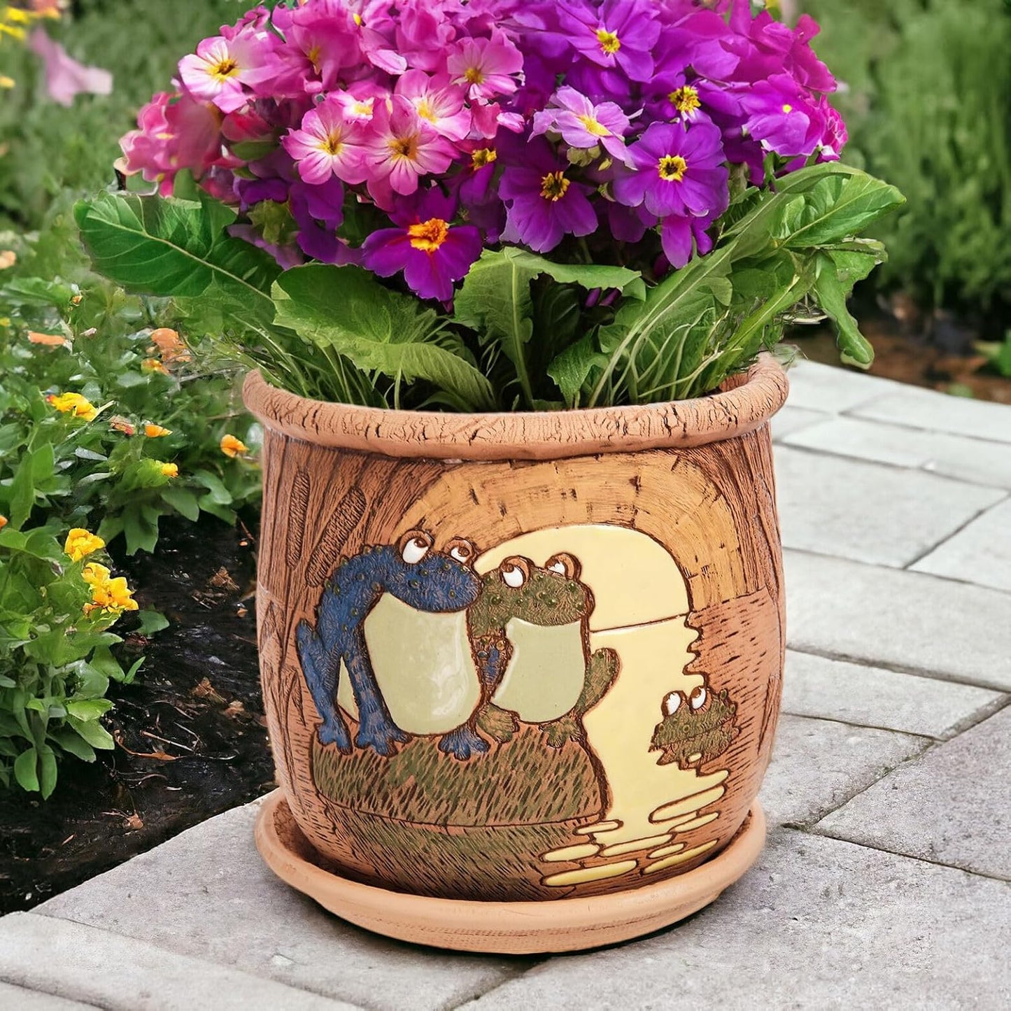 Ceramic Pot with Drainage Hole and Saucer, Plant Pots, Modern Decorative Planters for House Plants Indoor Flowers Plants, Cute Flower Pot - Gifts (Frogs (1.6 L))