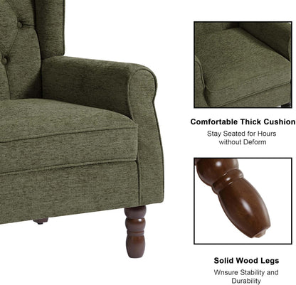 Accent Chair, Upholstered Armchair with Button Tufted High Back & Solid Wood Legs, Comfy Wingback Reading Single Sofa Chair for Small Spaces, Living Room, Bedroom (Green, Set of 1)