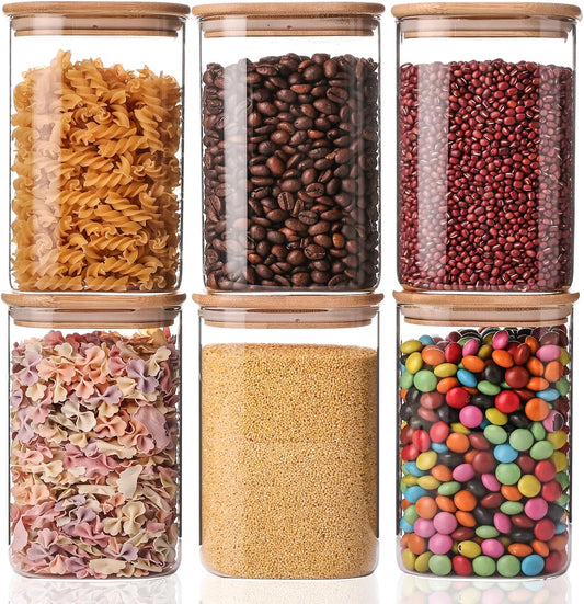 YUNCANG Glass Storage Jars 6 Pack 37oz Clear Glass Food Storage Containers with Airtight Bamboo Lid Stackable Kitchen Canisters for Candy,Cookie,Rice,Sugar,Flour,Pasta,Nuts and Spice Jars(Square)