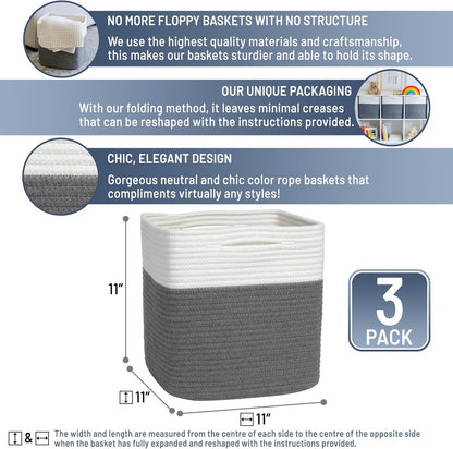 NaturalCozy Storage Cubes 11 Inch Cotton Rope Woven Baskets for Organizing, 3-Pack | Cube Storage Bin | Square Storage Baskets for Shelves Organizer, Classroom, Kids Toy Bins, Closet, Baby Nursery