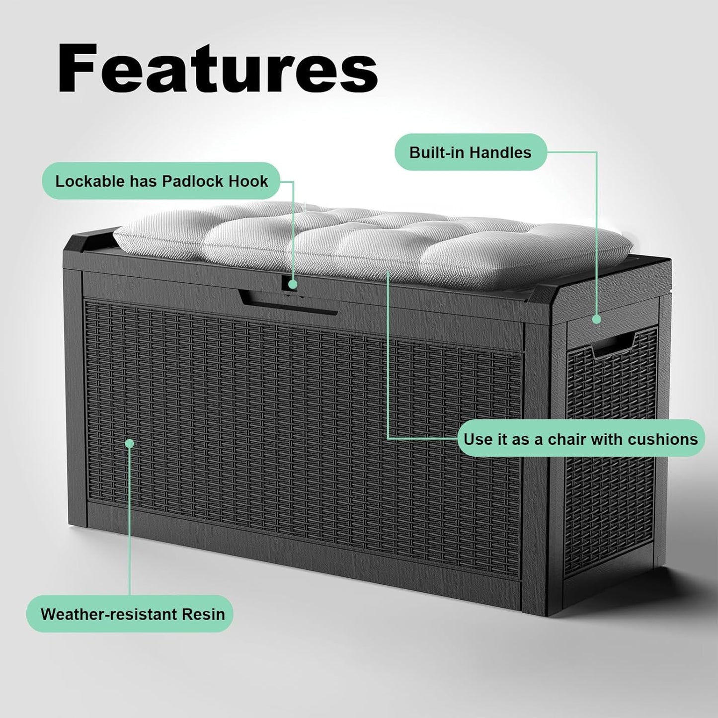 Vixzen 60 Gallon Outdoor Deck Box,Lockable Resin Waterproof Storage Box,UV Resistant,Weather Resistance,Outside Storage Bin for Gardening Tools,Pool Supplies,Black